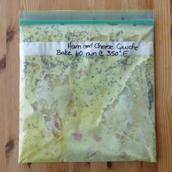 Uncooked Crustless Quiche in bag to freeze