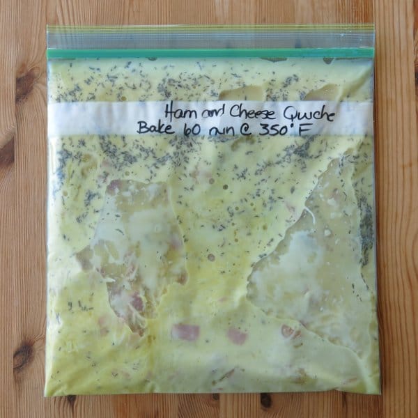 Uncooked Crustless Quiche in bag to freeze,