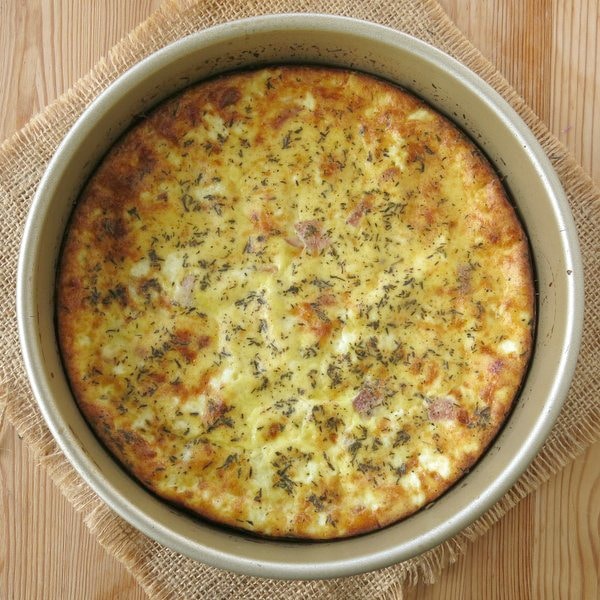Crustless Ham and Cheese Quiche in pan.