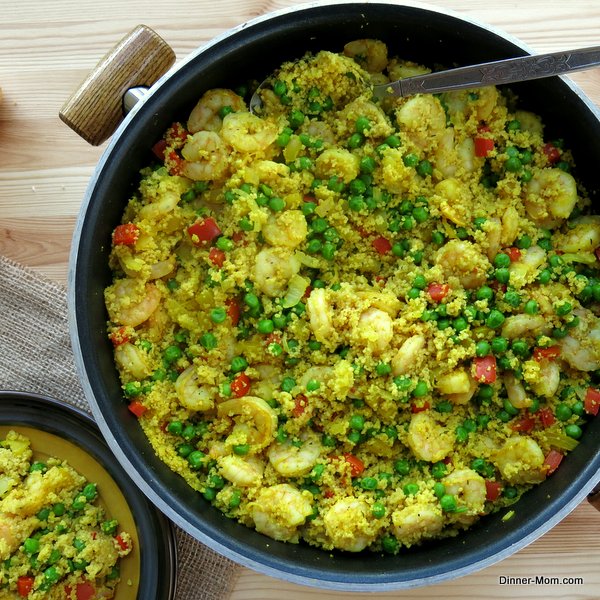 Couscous Paella with Shrimp in large skillet