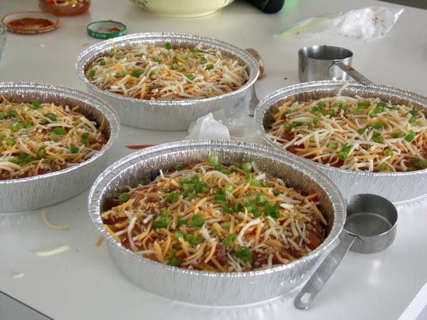 4 pans of Stacked Burrito Pie ready to go into the freezer