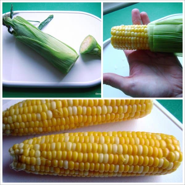 Collage of microwave Corn on Cob with end cut, pulling from husk and piece of corn with no silk.