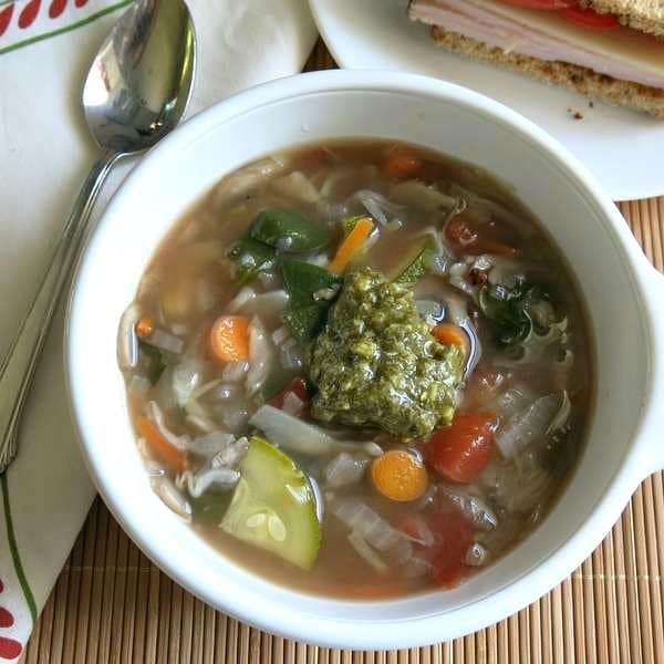 Hearty Vegtetable Soup with Pesto on top