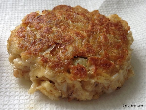 Crab Cake cooked on stove-top on a paper towel to drain.