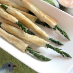 Phyllo wrapped asparagus on platter