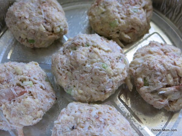 Formed Crab Cakes in an aluminum tin Ready to Cook