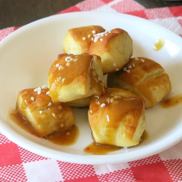 Soft Pretzel Bites drizzled with Raspberry Honey Mustard Sauce