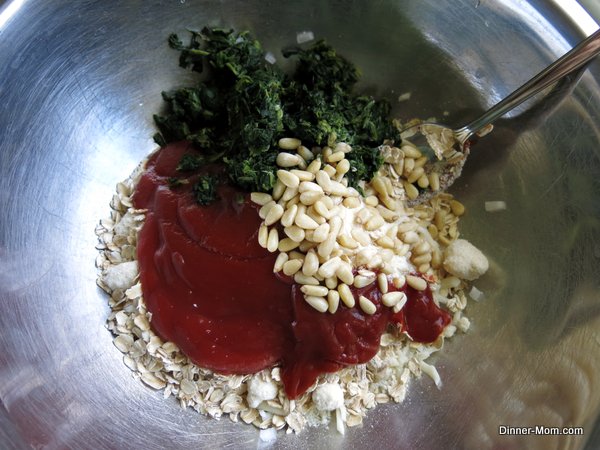 Spinach and Pine Nut Meatloaf Ingredients in bowl