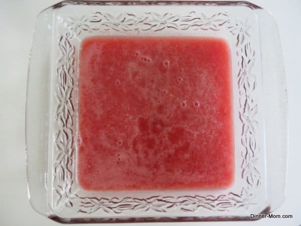 watermelon granita puree in glass baking dish