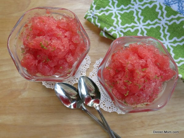 overhead shot of two dishes of watermelon granita