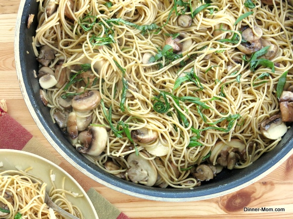 Skillet with mushroom olive oil pasta