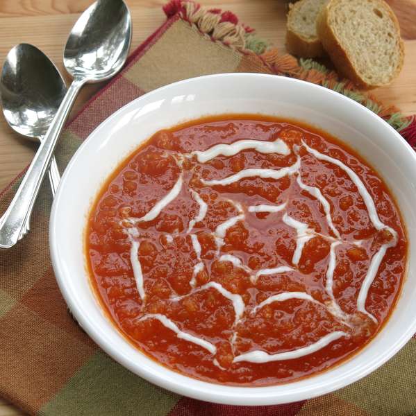 Roasted Tomato Soup with a Spider Web Topping