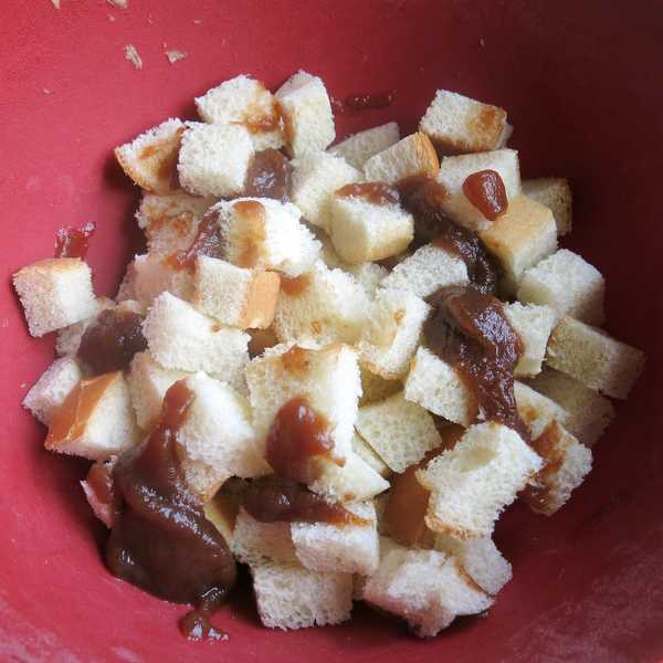 Bread Cubes and Apple Butter for Stuffing Muffins in a bowl.