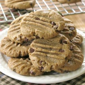 Pile of Sunflower Seed Butter Cookies with chocolate chips on a plate