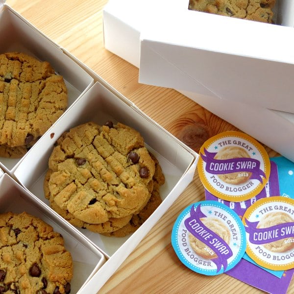 Sunflower Seed Butter Cookies with Chocolate Chips in a shipping box next to labels