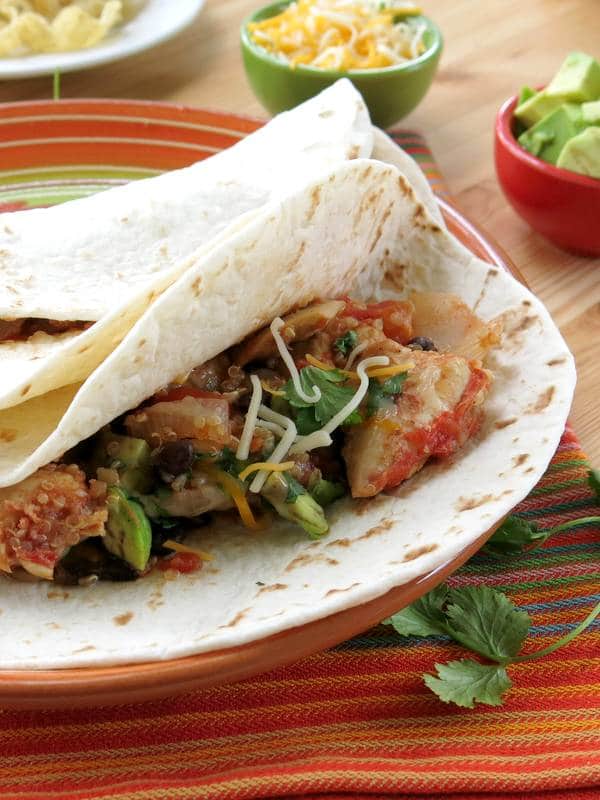 Crock-Pot Chicken Fajitas with Quinoa in flour tortilla