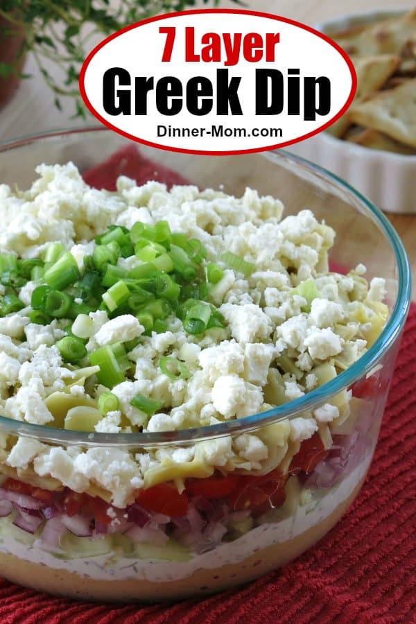 This easy Greek Dip has 7 layers of deliciousness. It's the appetizer that quickly disappears at parties and it just happens to be healthy too! #Greekdip #healthyappetizers
