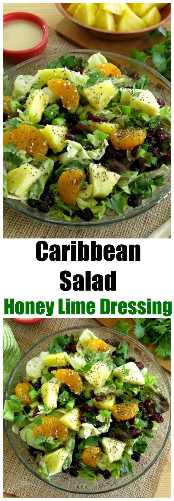 Easy and Healthy Caribbean Saladdrizzled with Honey Lime Dressing made famous by Disney’s ‘Ohana restaurant. Pineapple, mandarin oranges, dried cranberries, cilantro, green onions and more will tantalize your taste buds. Gluten-free