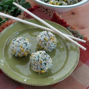 Vegan Rice Balls with Corn and Cilantro Pesto