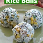 Three leftover rice balls with corn and cilantro pesto on a plate.