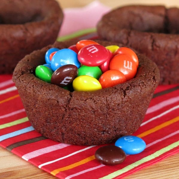 Double Chocolate Chip Cookie Cup with m and m's candy inside