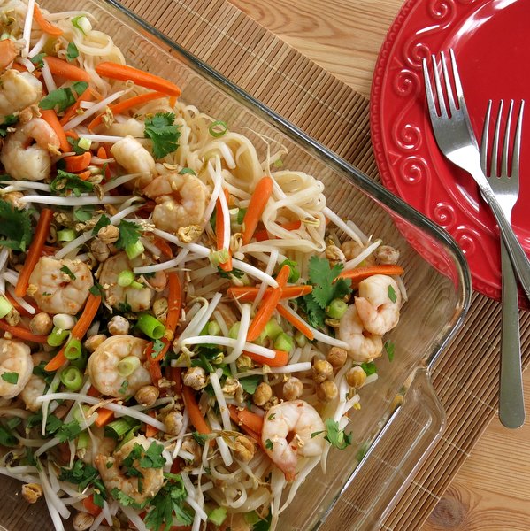 Easy Shrimp Pad Thai Recipe in baking dish with forks next to it