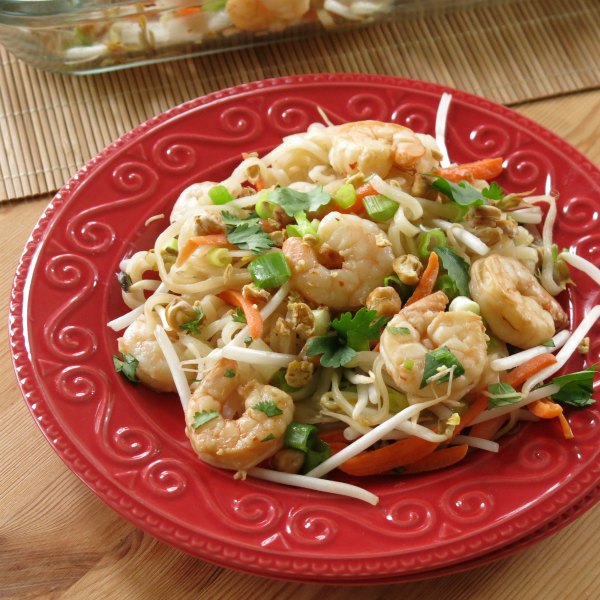Easy shrimp pad thai recipe on a plate