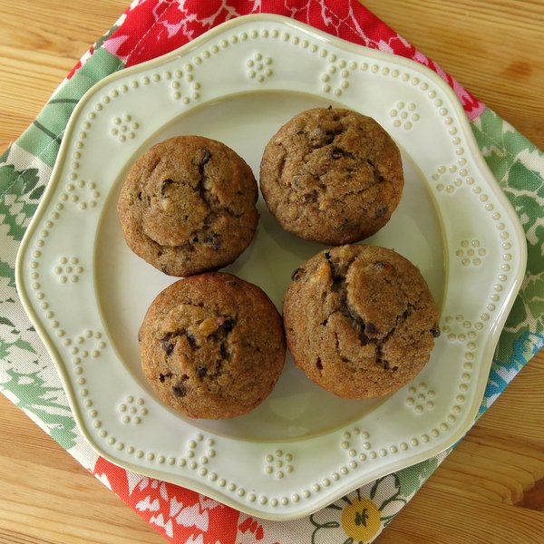 Healthy Banana Muffins with Chocolate Chips or Nuts on plate