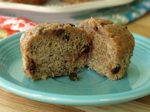 Moist Healthy Banana Muffins with Chocolate Chips split in half