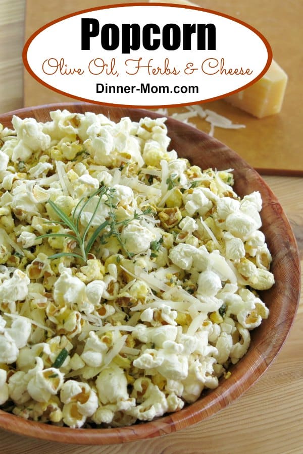 Healthy Homemade Popcorn with Olive Oil, Fresh Herbs and Cheese is perfect for snacking, movie night and parties too! #healthypopcorn