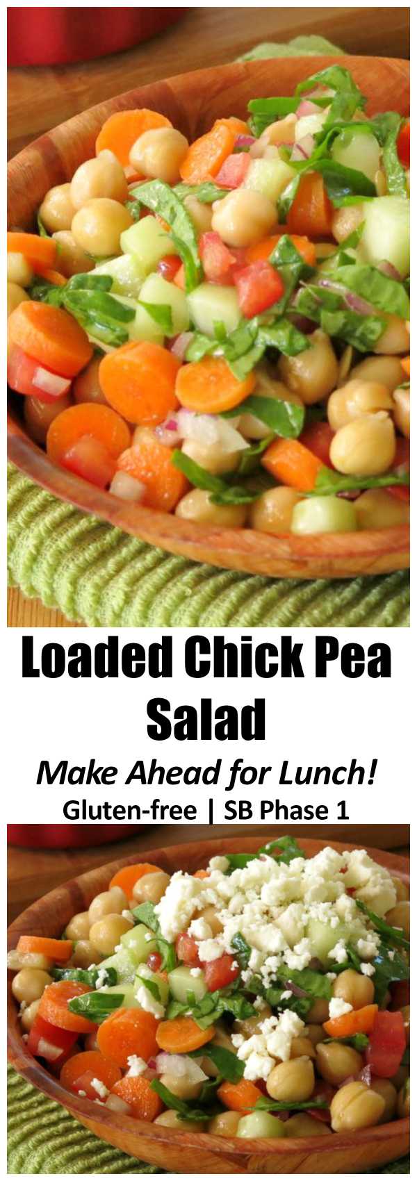 Healthy Chick Pea Salad with feta cheese is loaded with vetetables and is perfect packed in mason jars for lunches all week. Make ahead because it tastes even better after it marinates! 