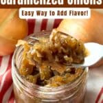 Fork lifting caramelized onions out of a mason jar with a crockpot behind it.