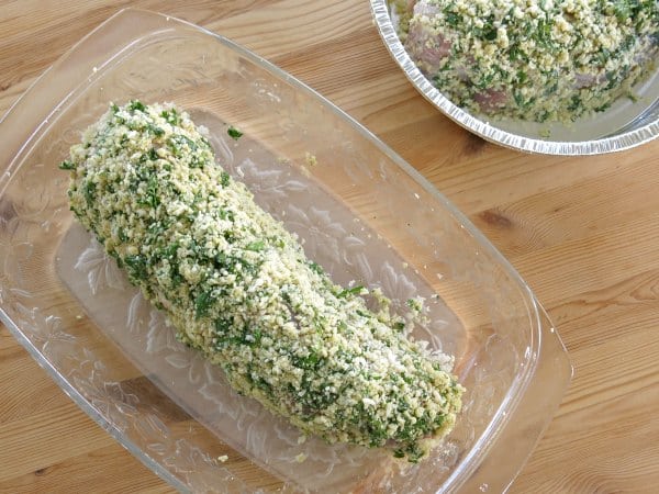 Breaded Pork Tenderloin with Herb Crust in baking dish