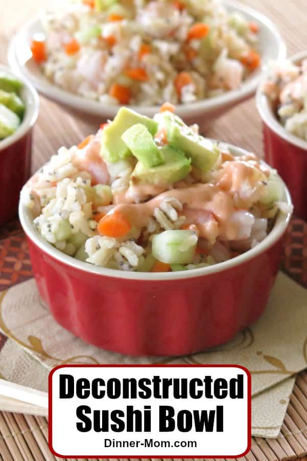 Deconstructed Sushi Bowl with shrimp and creamy sriracha dressing is an easy way to enjoy sushi without any rolling! #sushibowl #shrimpsushiroll