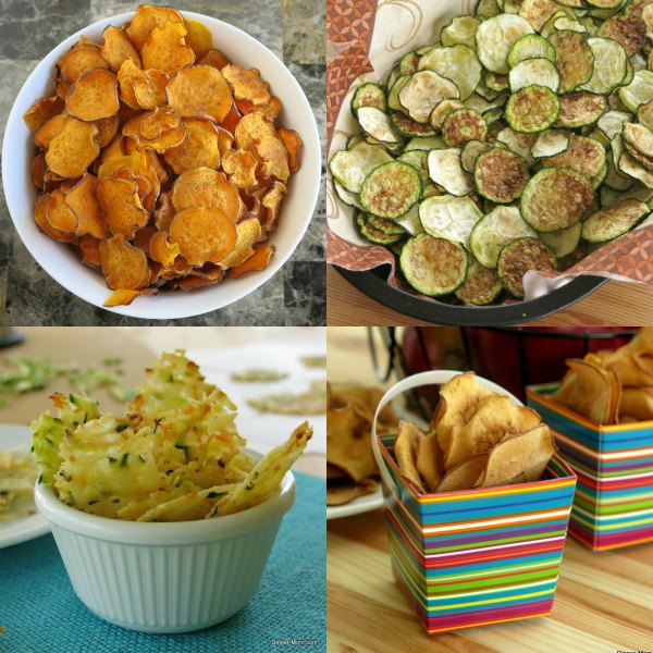 Picture collage of healthy chips alternatives - sweet potato chips, zucchini chips, parmesan cheese crisps and apple chips