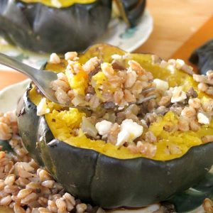 Roasted Stuffed Acorn Squash with Farro and Mushrooms