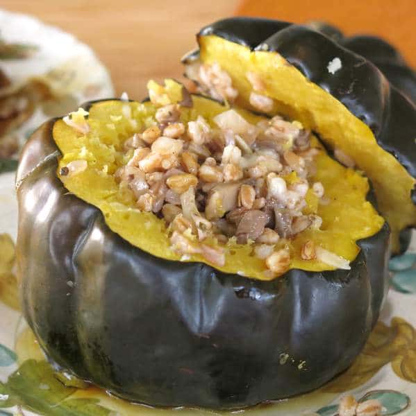 Vegan Stuffed Acorn Squash with lid to the side