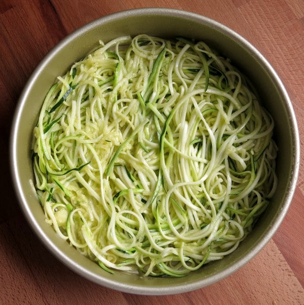 Spiralized zucchini for zucchini pie in 9 inch pan