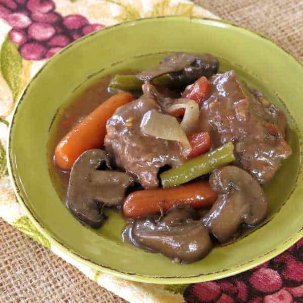 Slow Cooker Beef and Vegetables in a Red Wine Sauce on plate