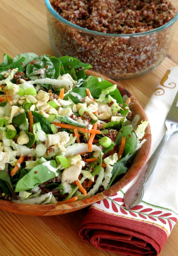 Kale Quinoa Salad with Sesame Aioli Dressing in bowl.