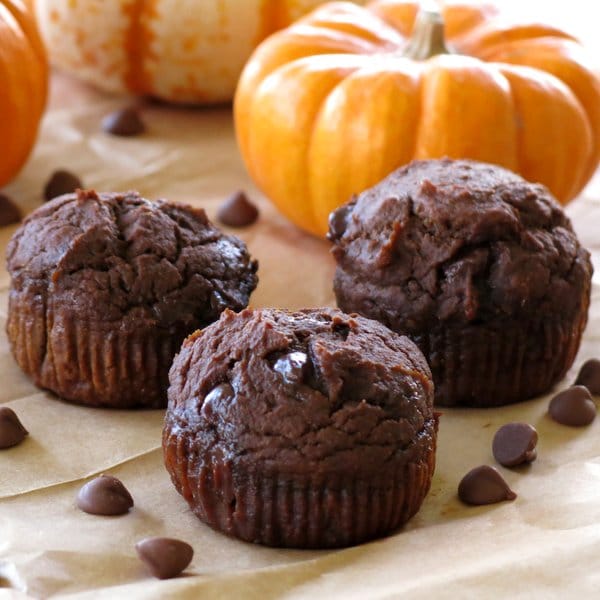 Three Healthy Chocolate Pumpkin Muffins in front of a pumpkin