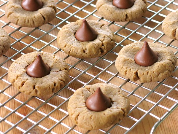 4 Ingredient Peanut Butter Blossom Cookies Recipe on cookie sheet
