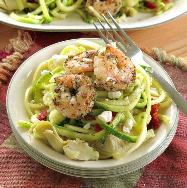 Shrimp Zoodles Recipe on plate with fork