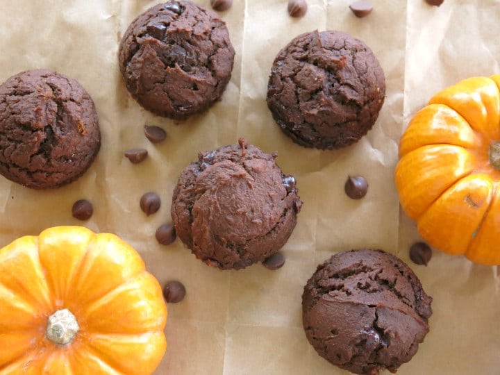 Overhead shot of the best chocolate pumpkin muffins with 2 pumpkins on a brown paper bag