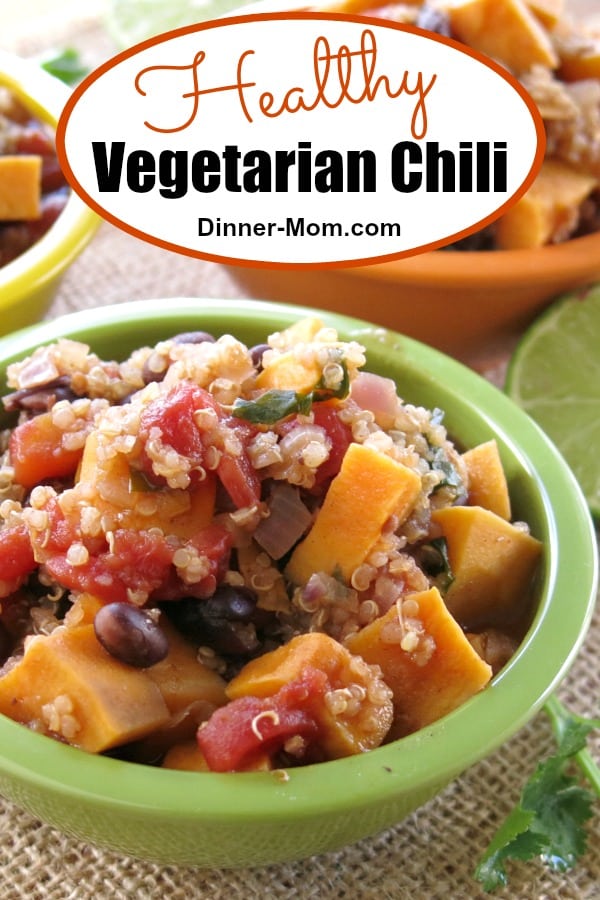 Everyone will love this healthy vegetarian chili recipe with black beans. sweet potato and quinoa. It's vegan. gluten-free and ready in 30 minutes. #vegetarianchjili #vegetarianrecipes