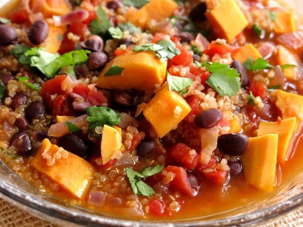 Close up picture of chili with black beans, sweet potato and quinoa
