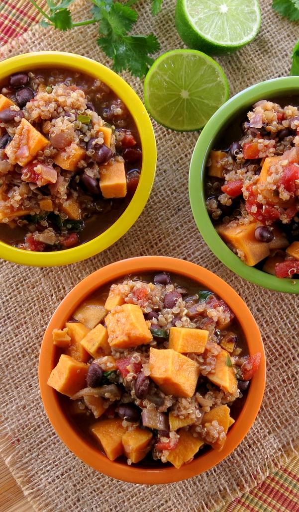 Sweet Potato Black Bean Chili with Quinoa in 3 bowls