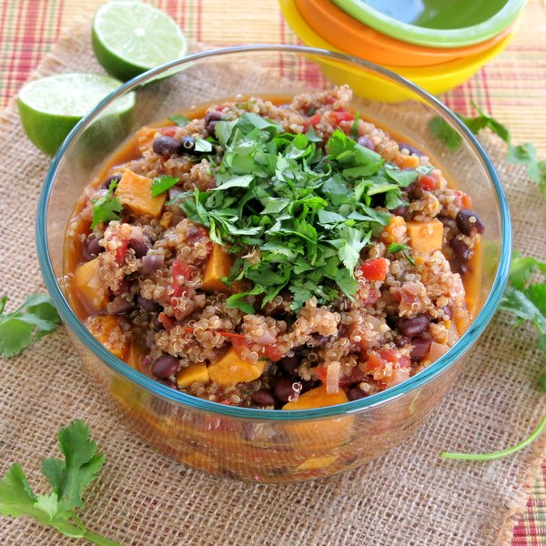 Serving bowl with Sweet Potato Black Bean Chili topped with lots of cilantro.