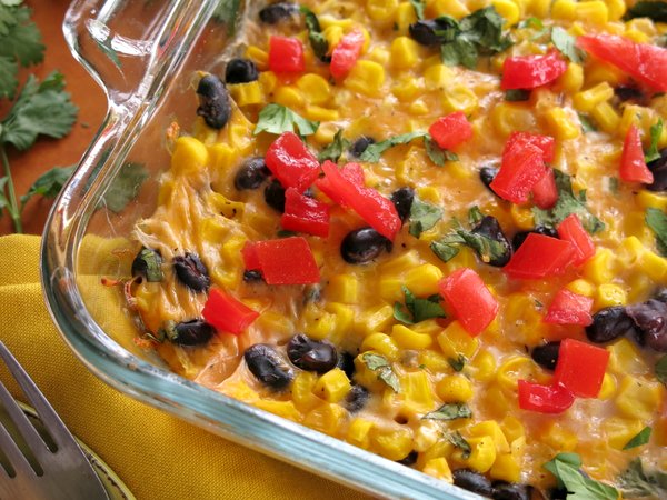 Tex Mex Cheddar Corn Casserole Recipe in baking dish