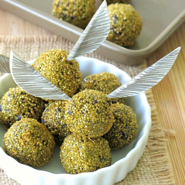 Bowl of golden snitch truffles.